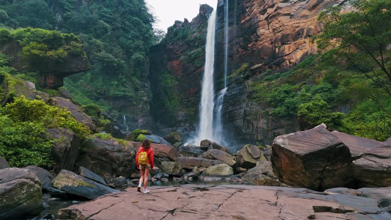 Tranquil aerial view of beautiful  waterfall on Sri Lanka