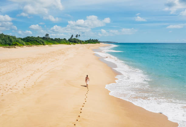 Young female dressed in light summer clothes walking barefoot leaving footprints on the sand on Indian ocean Tangalle lonely coconut trees beach on Sri Lanka island. Aerial top view drone shot.